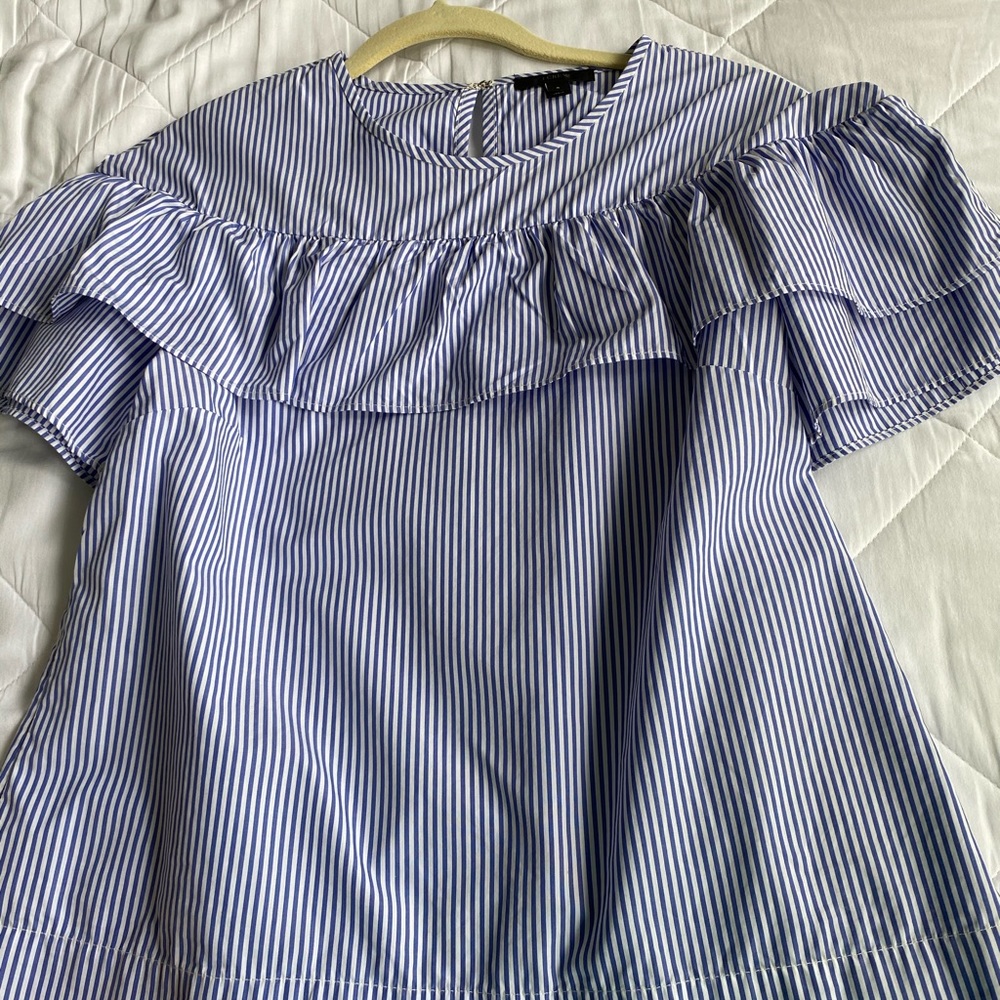 J. Crew Blue and White Striped Ruffle Blouse